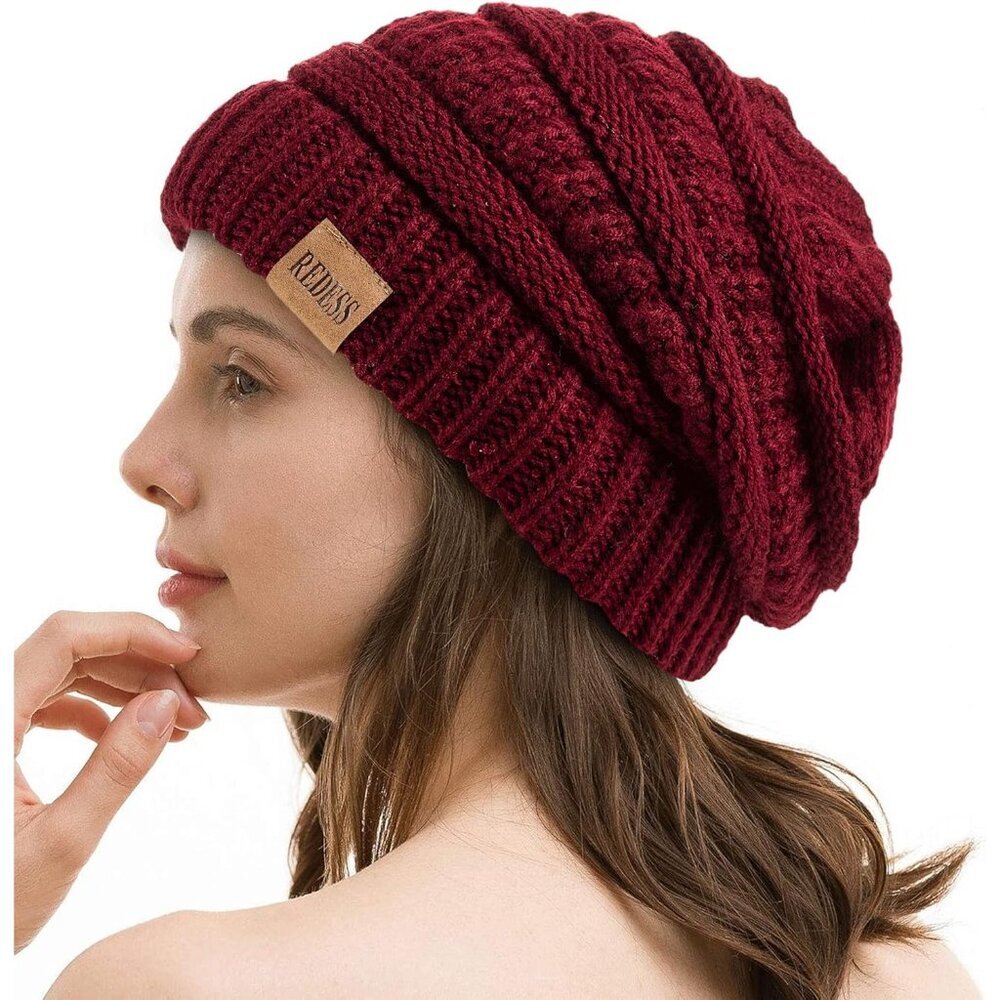 Women's Slouchy B3 Wine Beanie Winter Warm Chunky Soft Skull Cable Knit Hat Cap